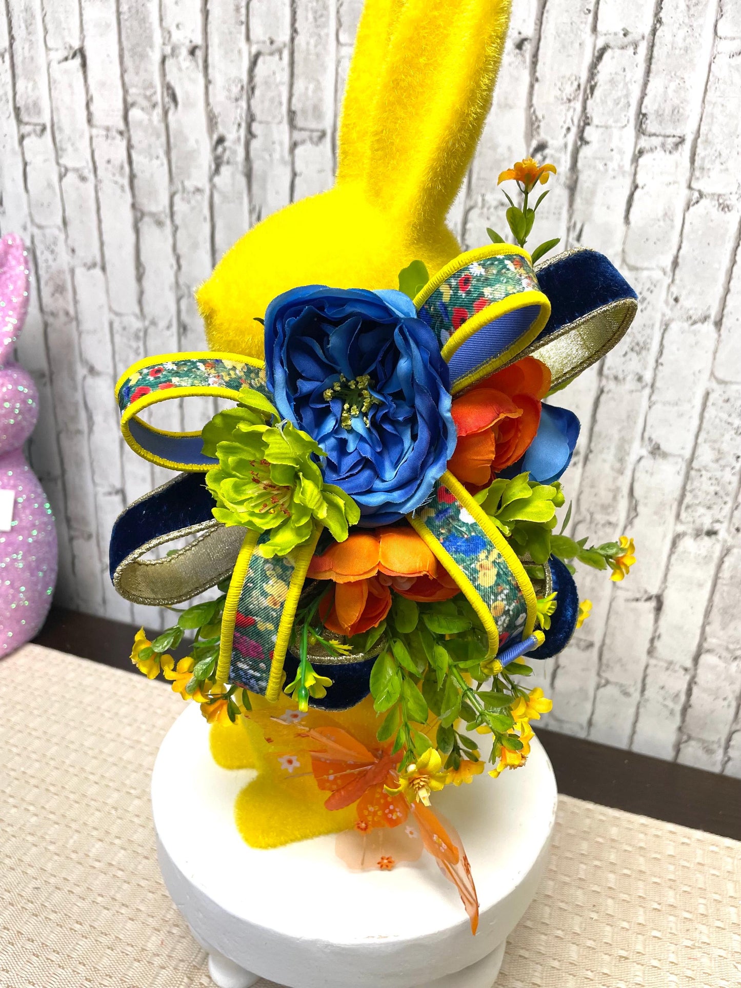 flocked bunny with flowers and gems, Easter decor, Easter bunny decor, glam bunny decor, 16 inch bunny decor, yellow bunny decor, gift