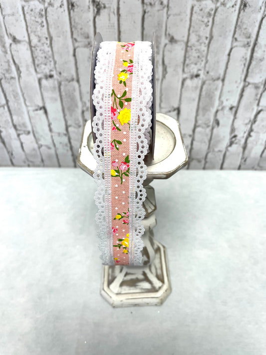 Peach floral lace trim ribbon, RGA8567YN
