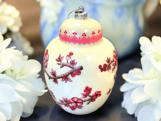 7” Pink and White jar Christmas ornament, 4353177, Blown Glass, Hand Painted