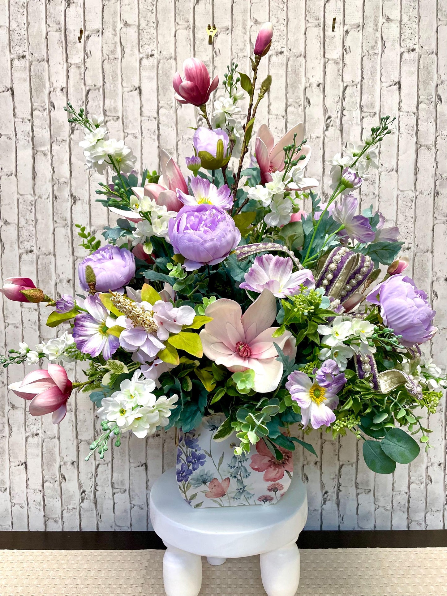 spring arrangement, magnolia centerpiece, spring centerpiece, entryway arrangement, pastel arrangement