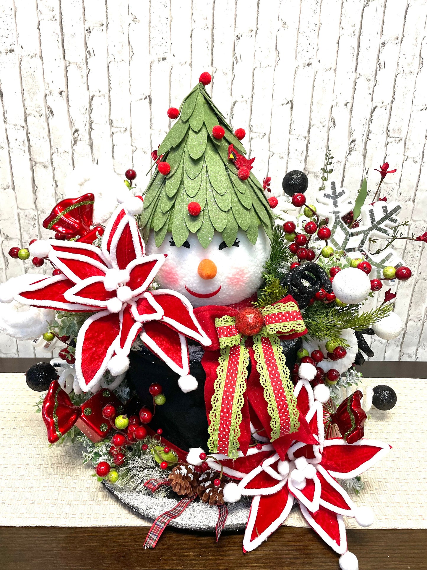 Snowman tree topper, Christmas tree topper, black hat tree topper, snow theme tree topper, Christmas decor, shipping included