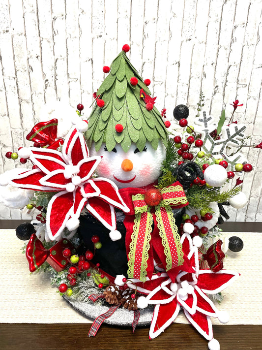 Snowman tree topper, Christmas tree topper, black hat tree topper, snow theme tree topper, Christmas decor, shipping included