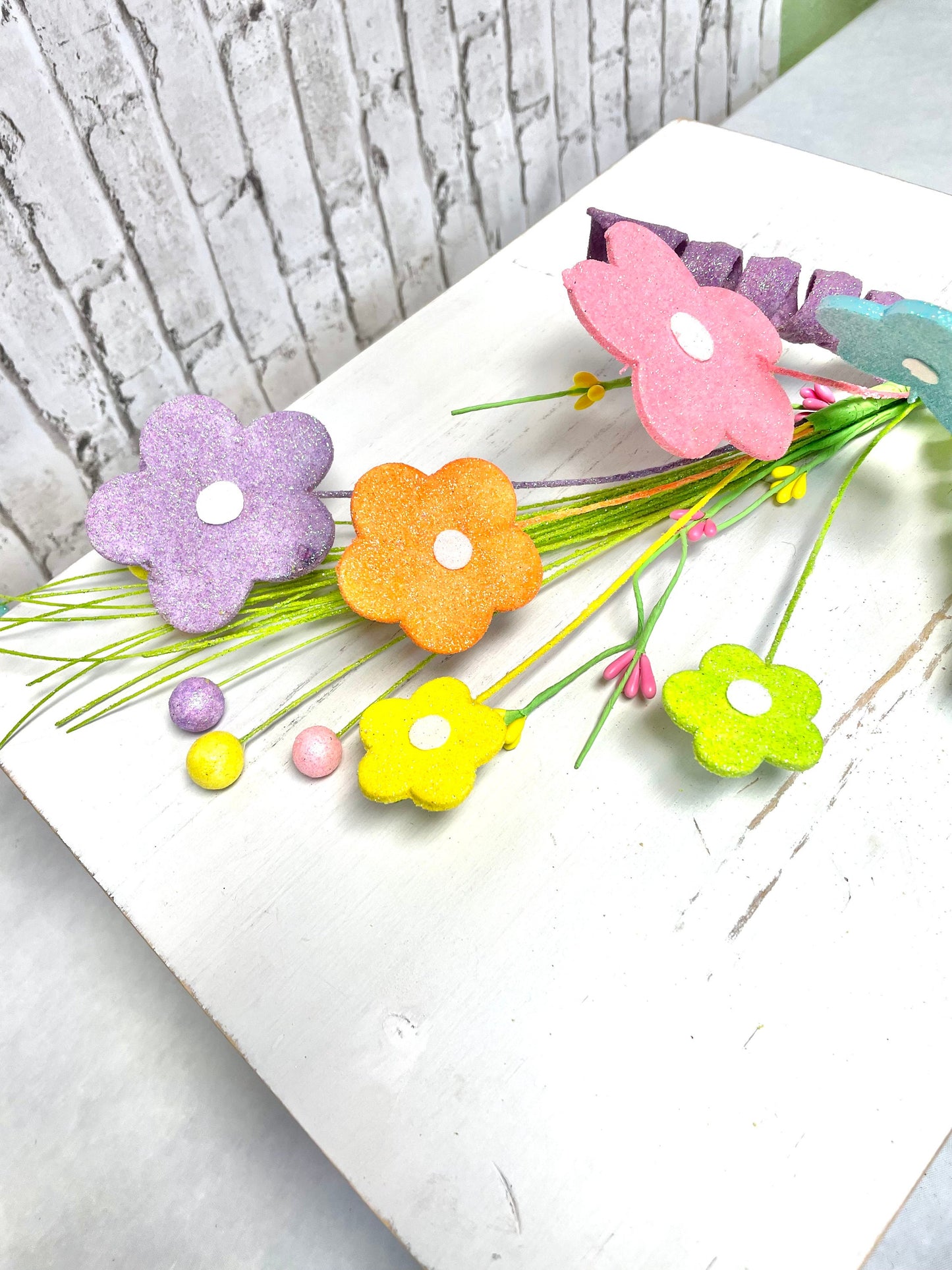 Spring spray, flower spray, 61960EAS, spring glitter flower spray, spring flower pick, glitter flower pick