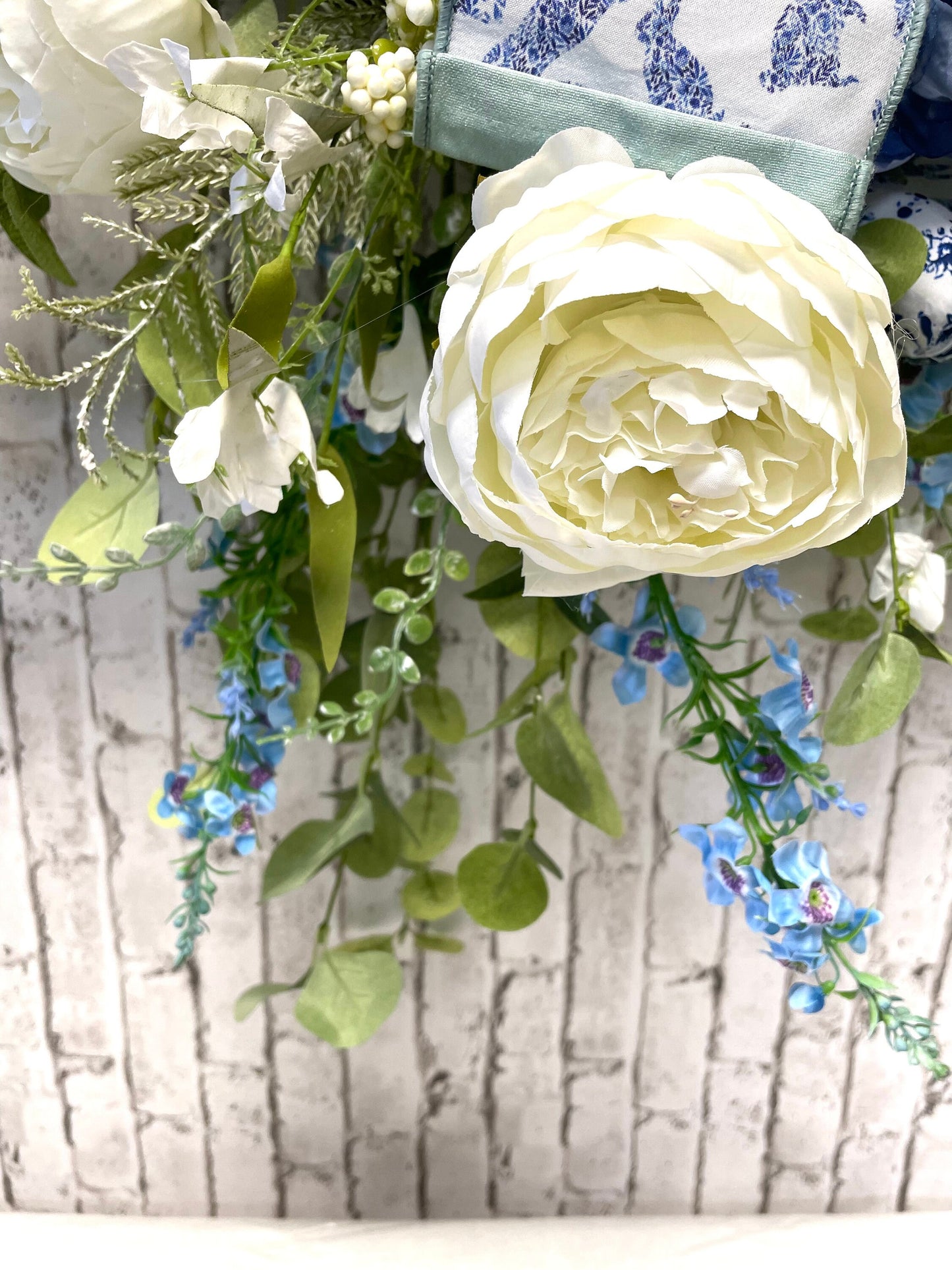 Easter wreath, bunny wreath, Easter decor, bunny decor, blue toile wreath, Easter gift, Easter door hanger, gift, shipping included in price