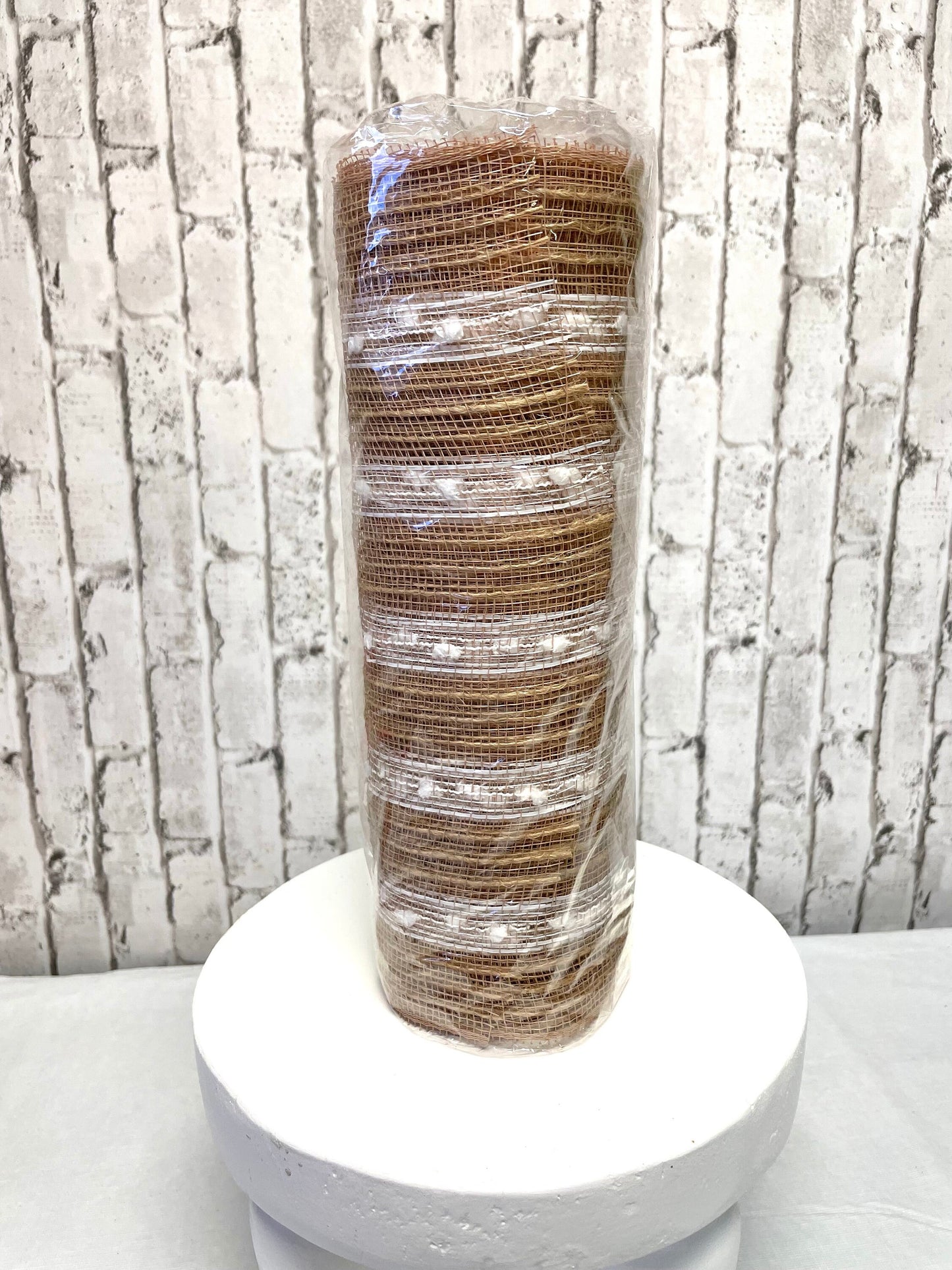 burlap mesh with white drift stripes, RY820948, jute mesh, natural burlap mesh with white drift stripes.