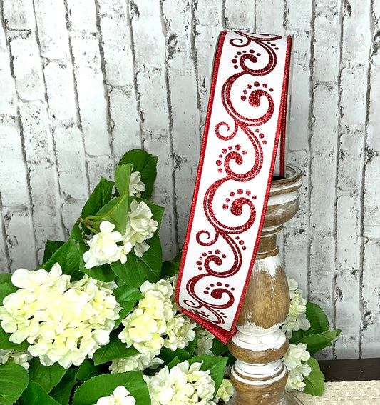 White ribbon with red swirls, D’Lux designer ribbon, LX325267