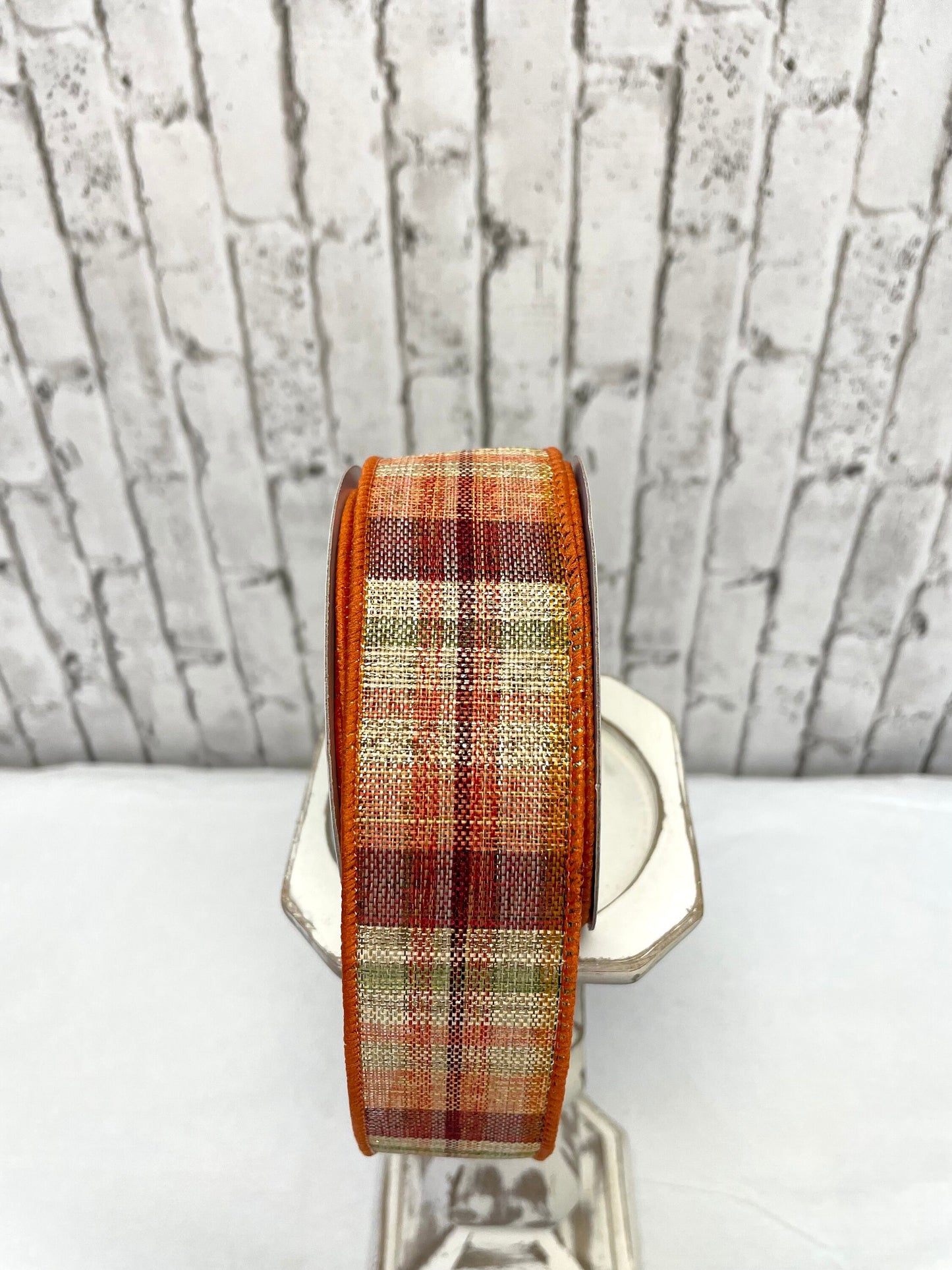 fall plaid woven ribbon, RGC1666, fall ribbon,  fall plaid with gold tensil stripes, thanksgiving ribbon, fall metallic gold thread ribbon