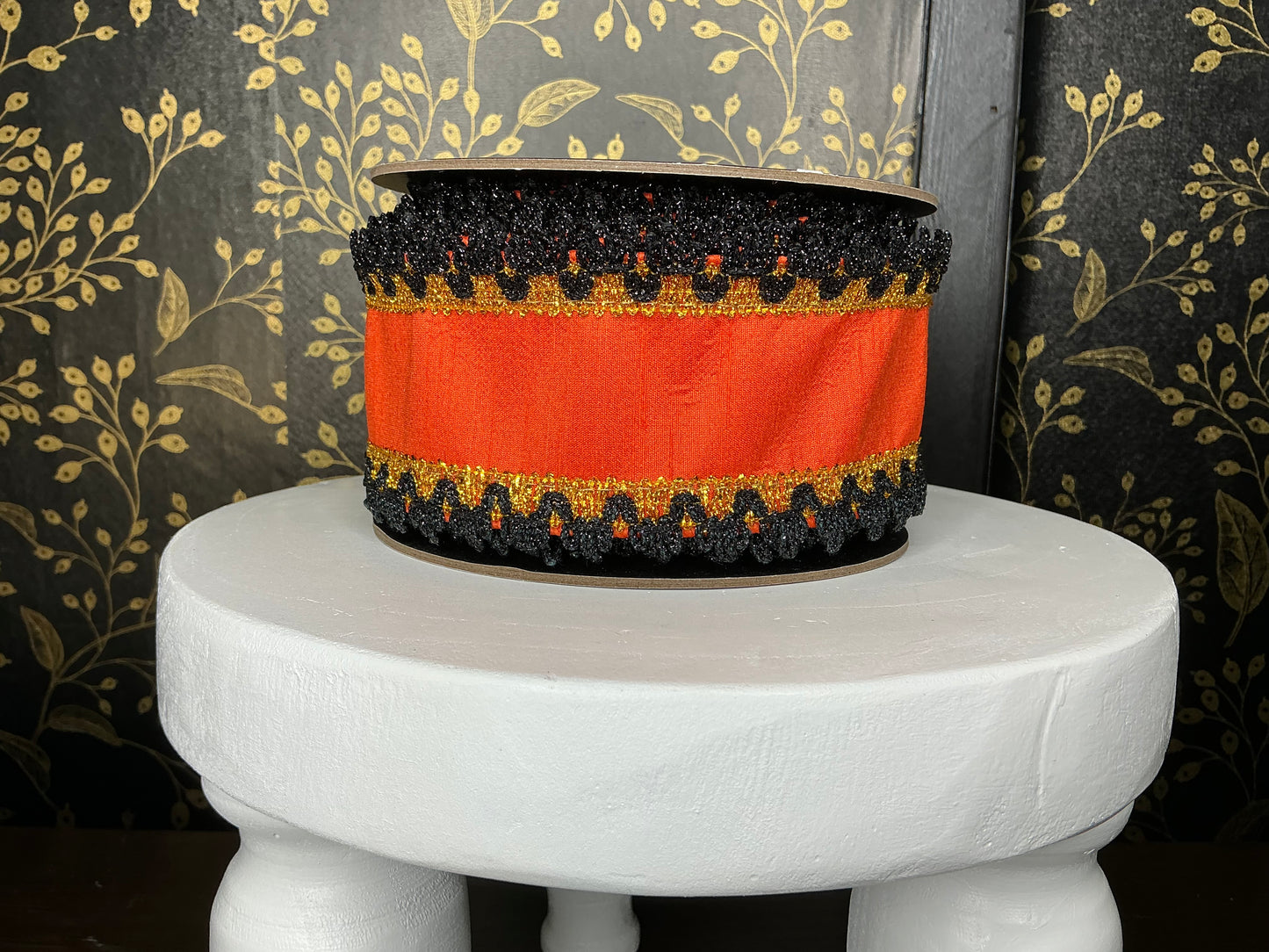 Orange Dupion Ribbon w/ Gold/Black Trim - Vickerman