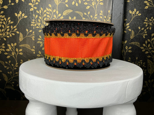 Orange Dupion Ribbon w/ Gold/Black Trim - Vickerman