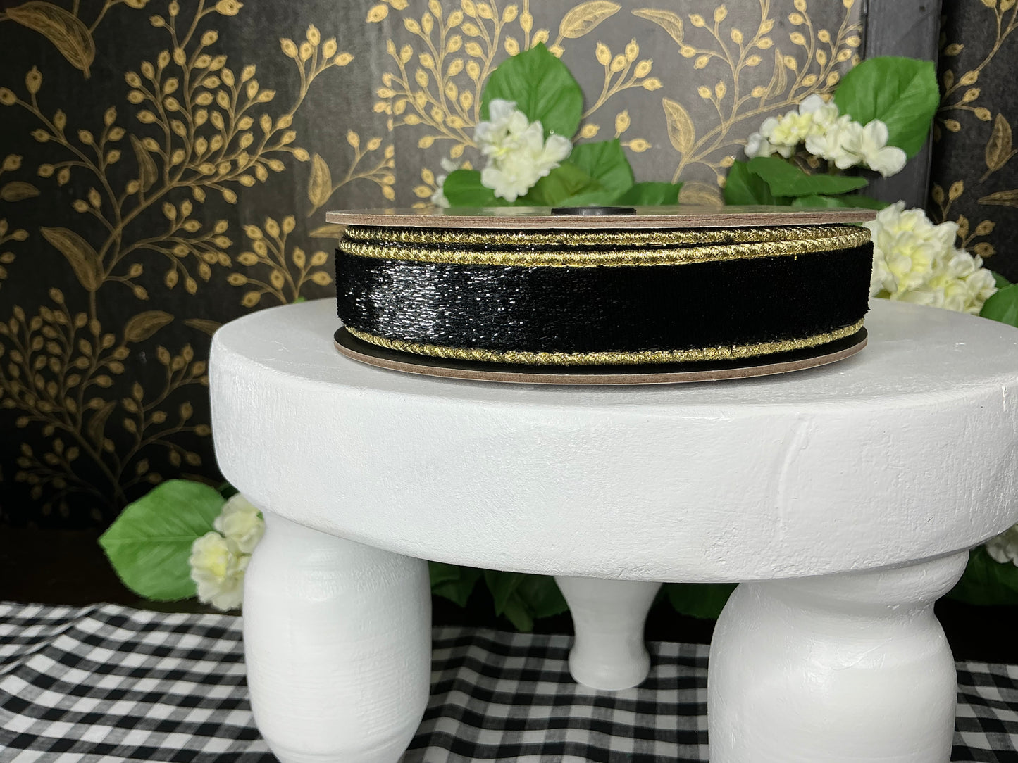 Black Velvet Ribbon with Shimmer and gold edge and back - d stevens