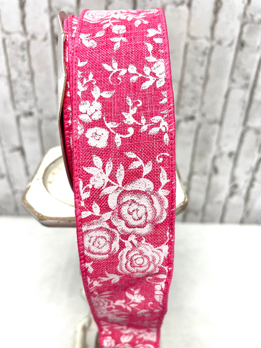 Hot pink floral burlap wired ribbon, RGC186011
