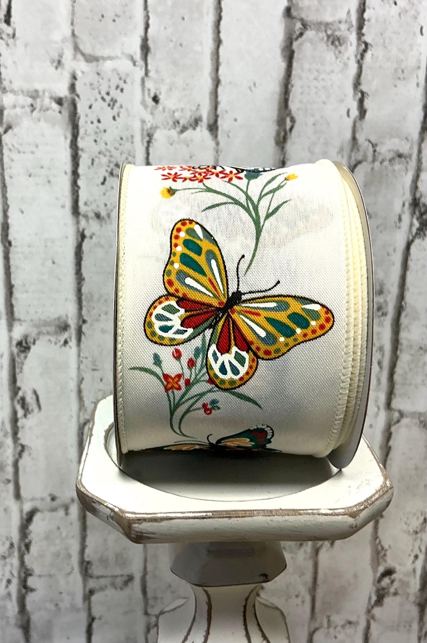 Butterfly Ribbon with Cream, 2.5” x 10YD, Wired, RGE1404C2