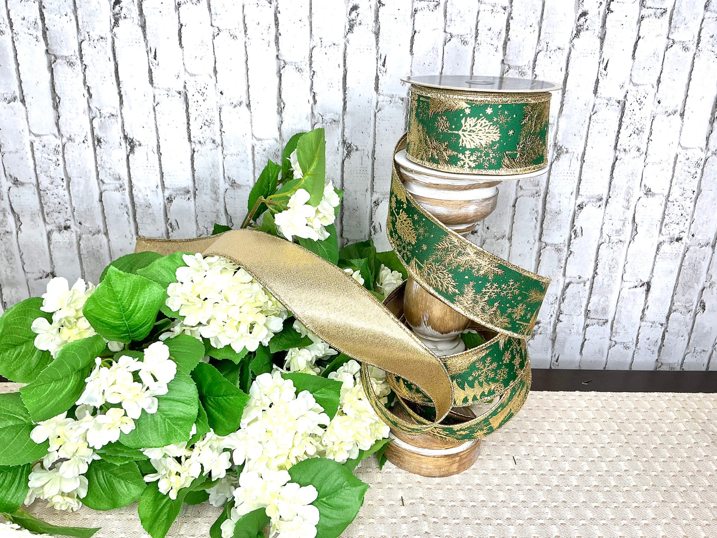 Green Ribbon with gold trees, D’Lux designer ribbon, LX3260CK
