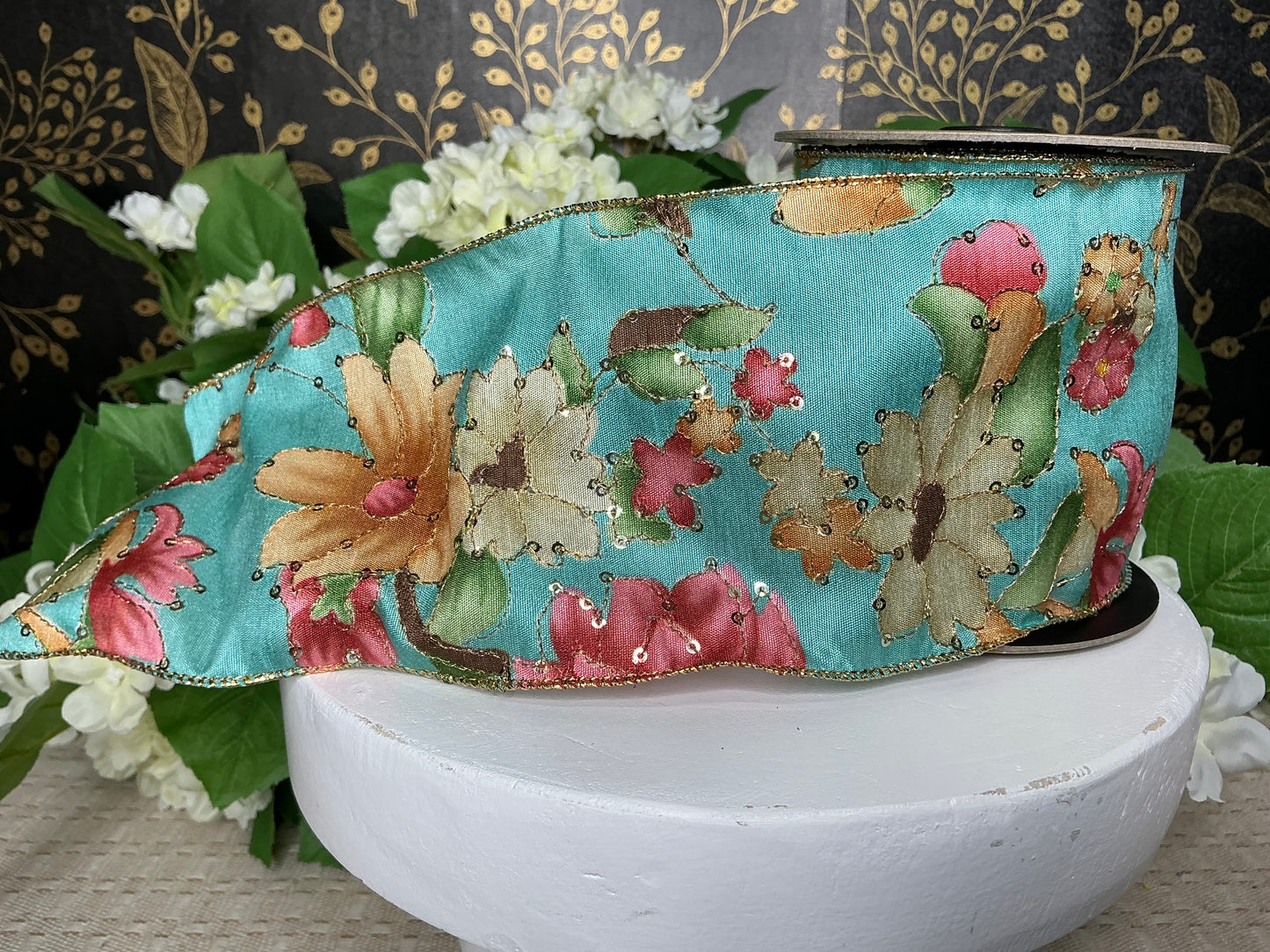 Teal Floral Ribbon - d stevens - 88-4825