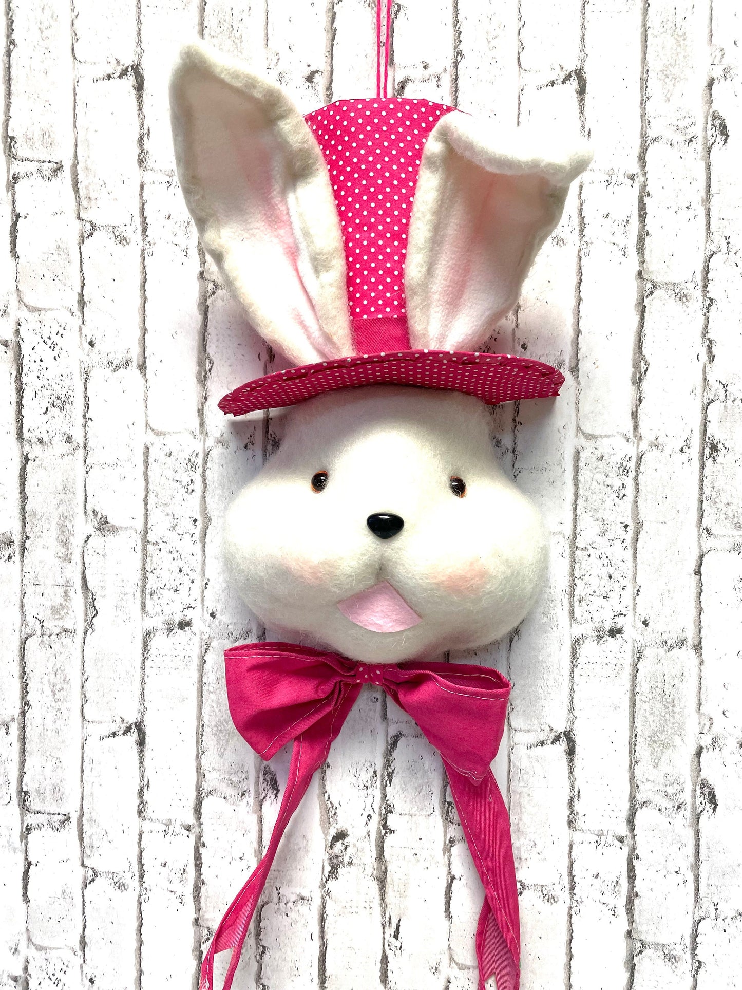 White Bunny With Hot Pink Hat and Bow - Wreath Attachment