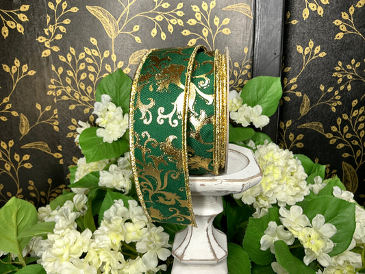 Green with Metallic Gold swirl leaf - 1.5”x10YD