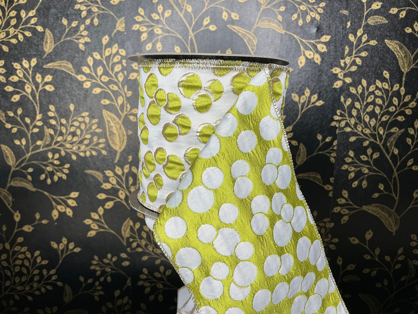 Ivory/Green dot ribbon, d stevens designer ribbon, 09-4624