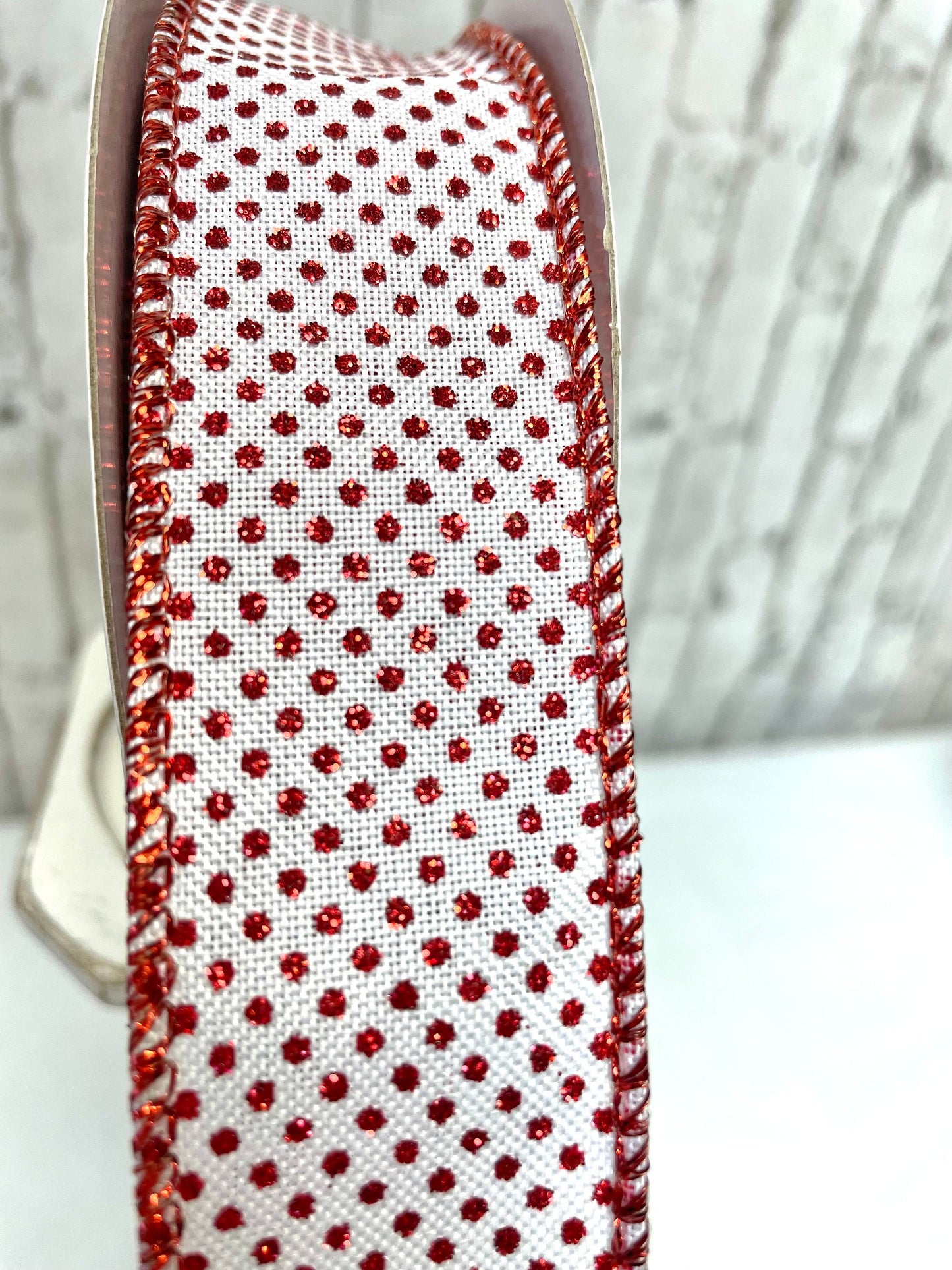 white with red glitter Swiss dot Christmas ribbon, RGA1731F4
