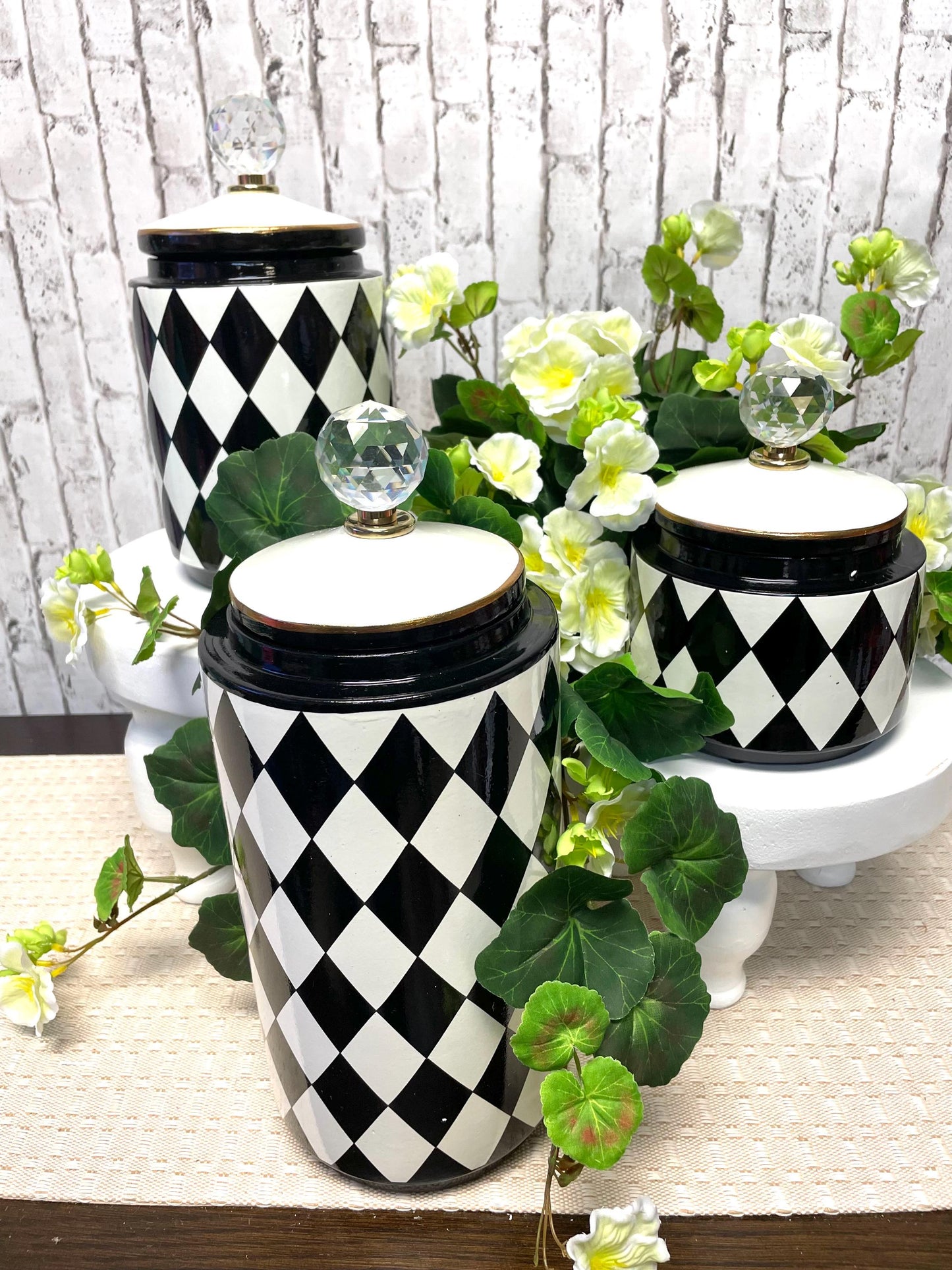 canister set, Mark Robert’s Harlequin black and white canister set, home decor, kitchen decor, harlequin vases