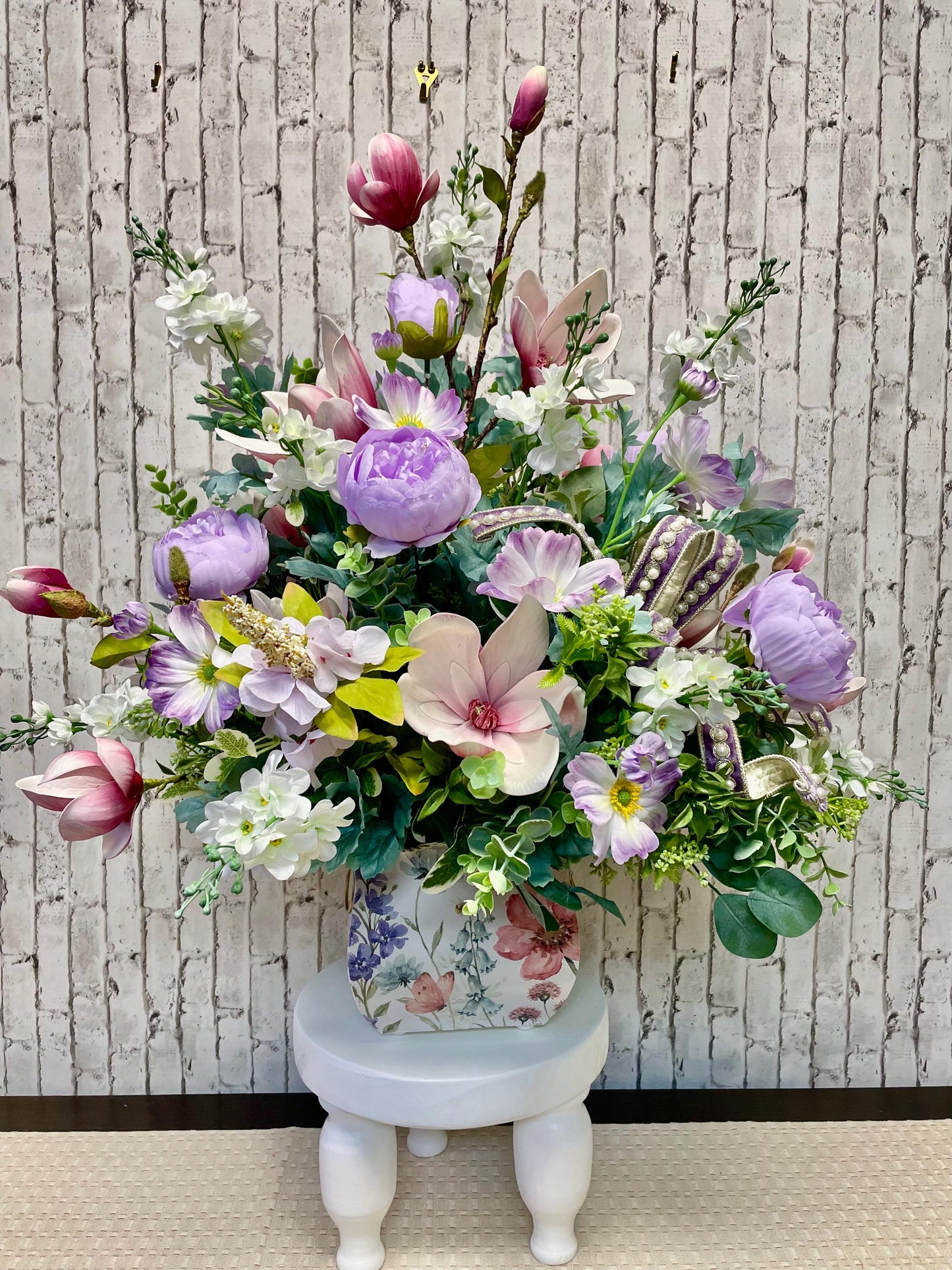 spring arrangement, magnolia centerpiece, spring centerpiece, entryway arrangement, pastel arrangement