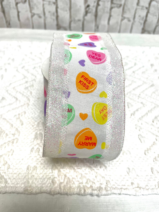 White valentine ribbon, RGO822627, 2.5 white with candy hearts