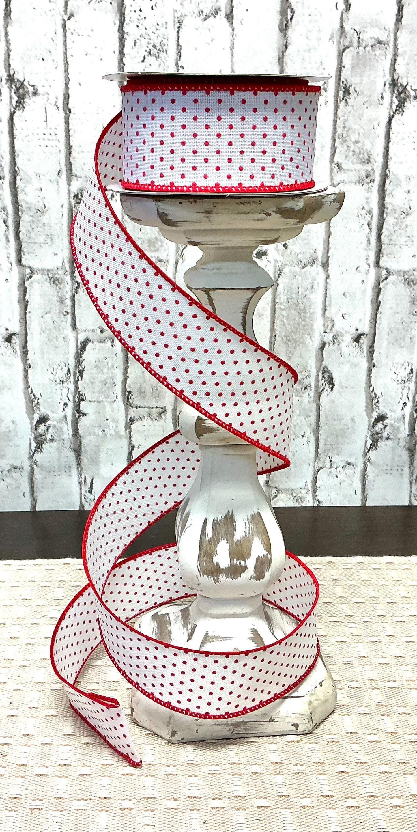 White with red dot ribbon, red wired edges, 1.5” x 10YD, RGC115627