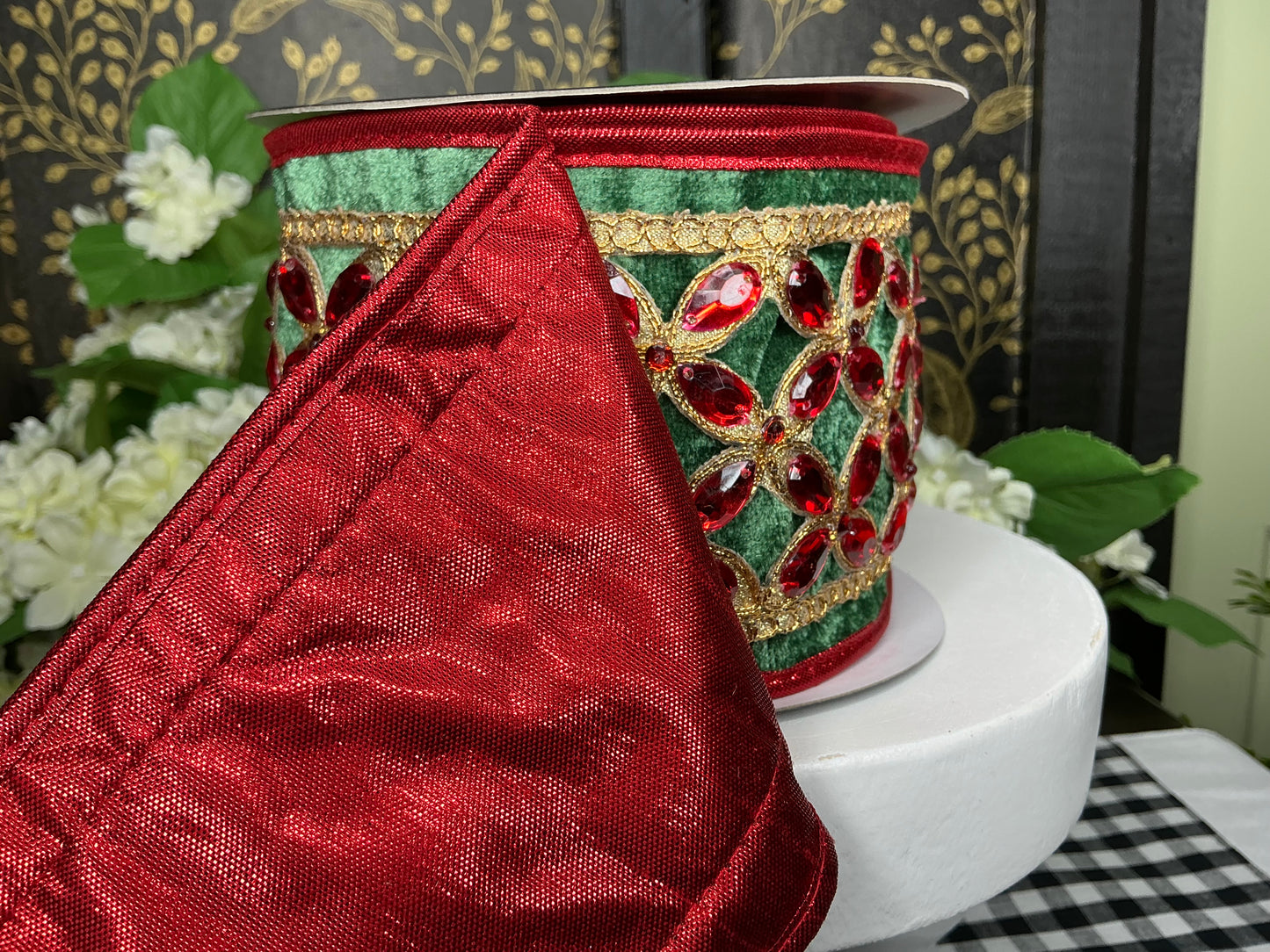 Green Velvet Red Floret Jewel - John Mark Ribbon