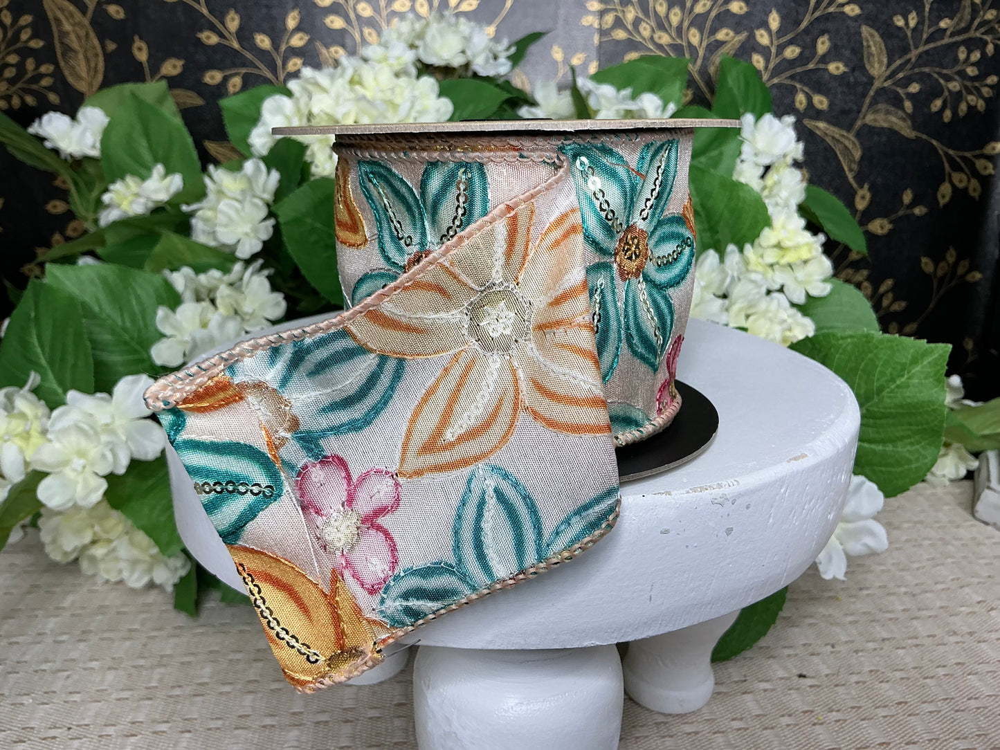Yellow/Teal/Pink floral Ribbon - d stevens - 88-5059