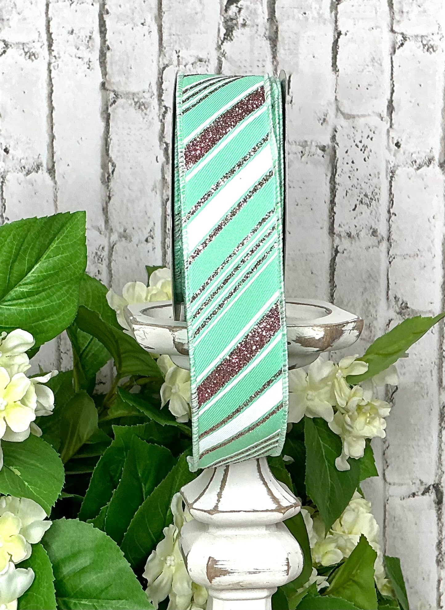 Mint Ribbon with pink and white stripes, RGE1511AN