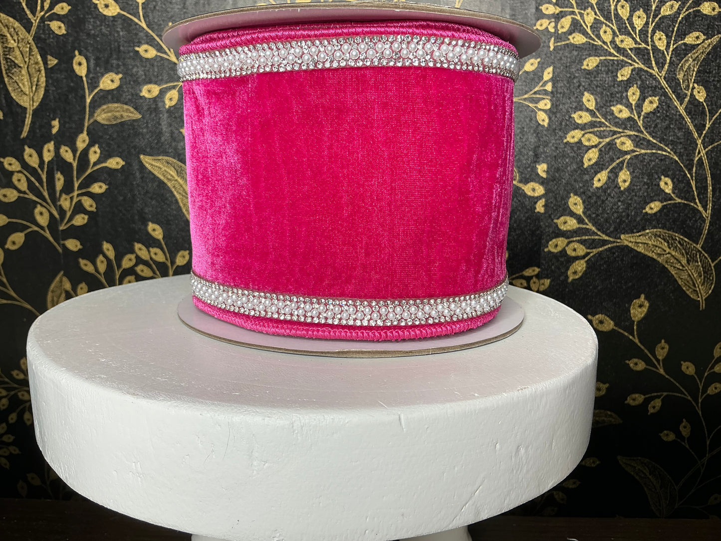 Pink velvet ribbon with pearls and jewels, Nancy Brown, 4”x5YD, 25-B136-1