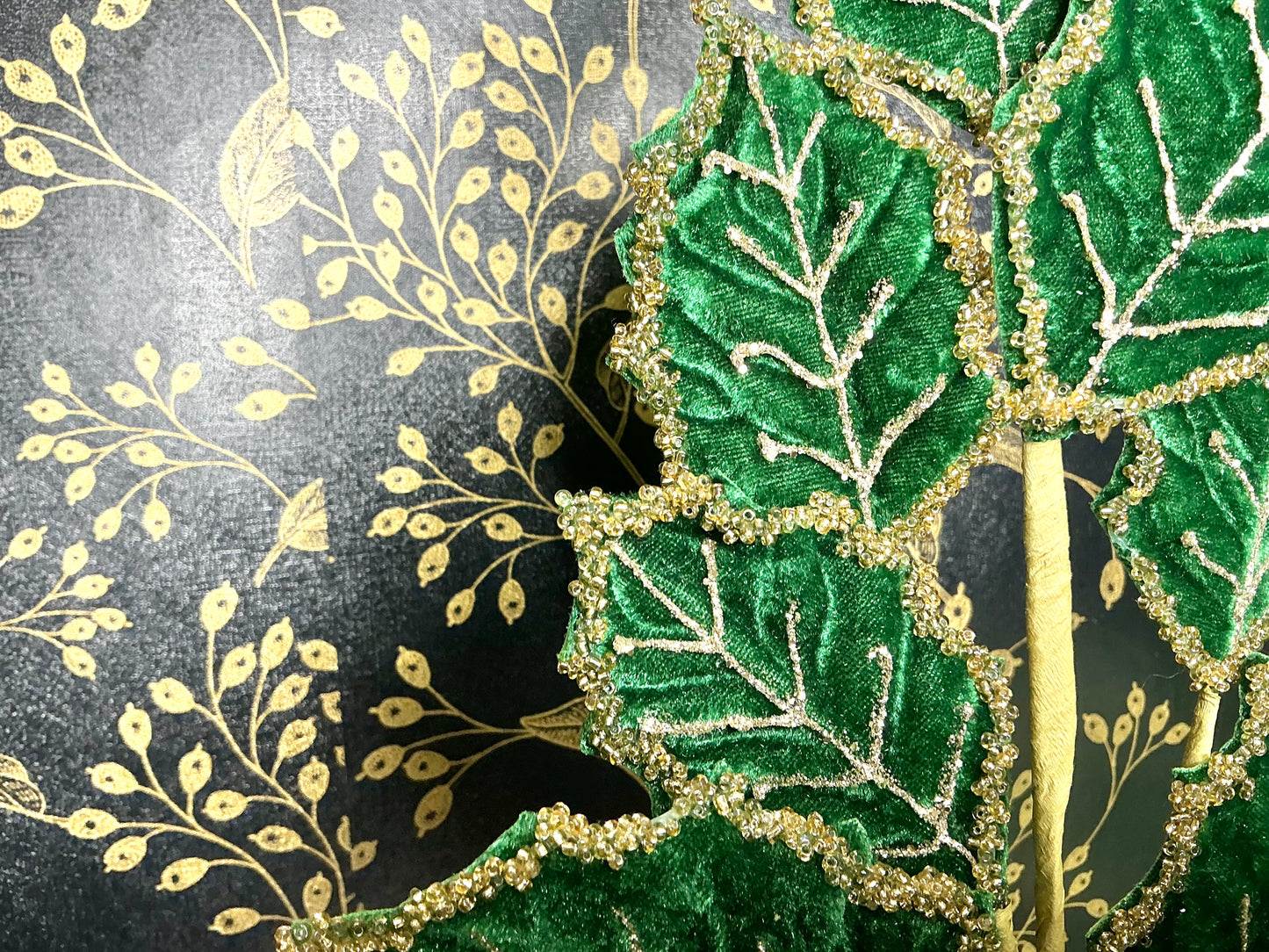 Green beaded Velvet Leaf Spray, MTX75940