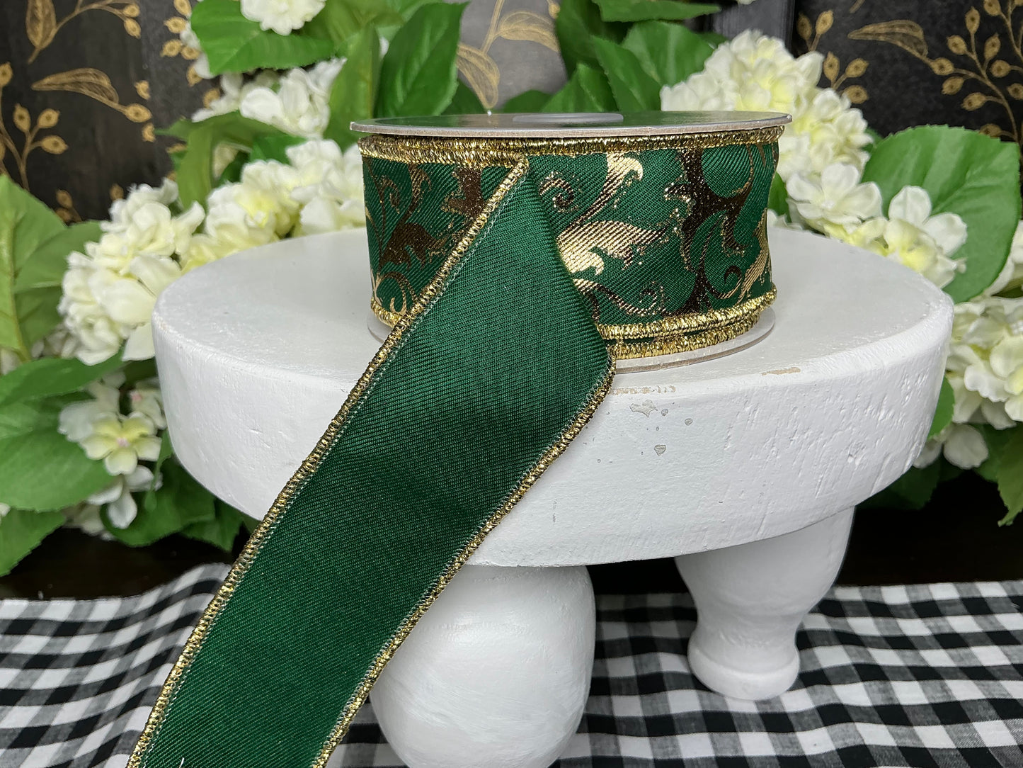 Green with Metallic Gold swirl leaf - 1.5”x10YD