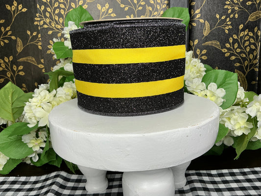 Yellow with Black Glitter Stripe Ribbon - D’Lux - 4”