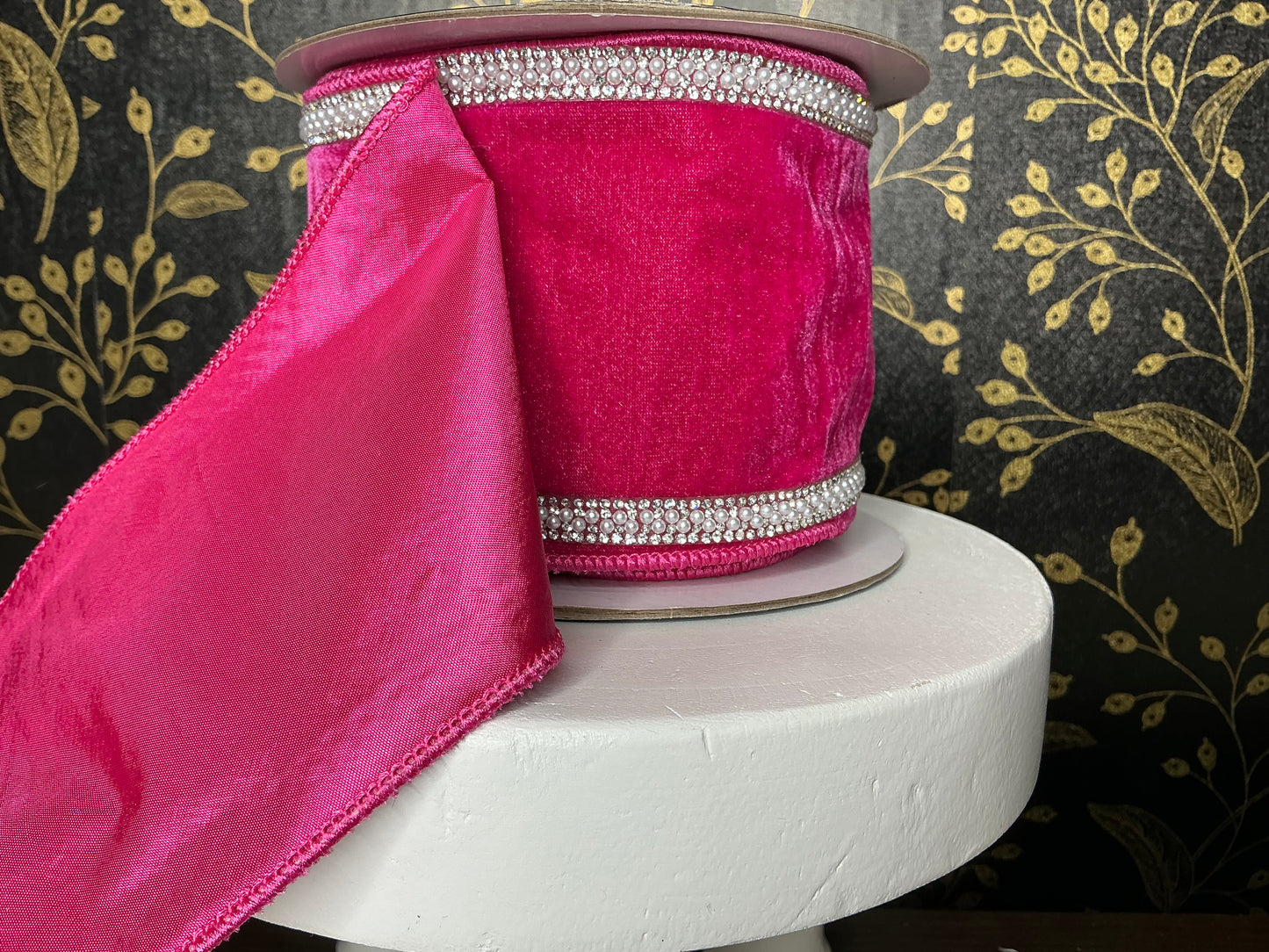 Pink velvet ribbon with pearls and jewels, Nancy Brown, 4”x5YD, 25-B136-1