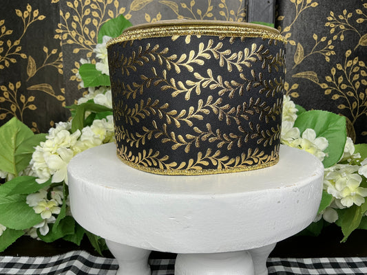 Black with gold leaf garland design ribbon - D’Lux - 4”