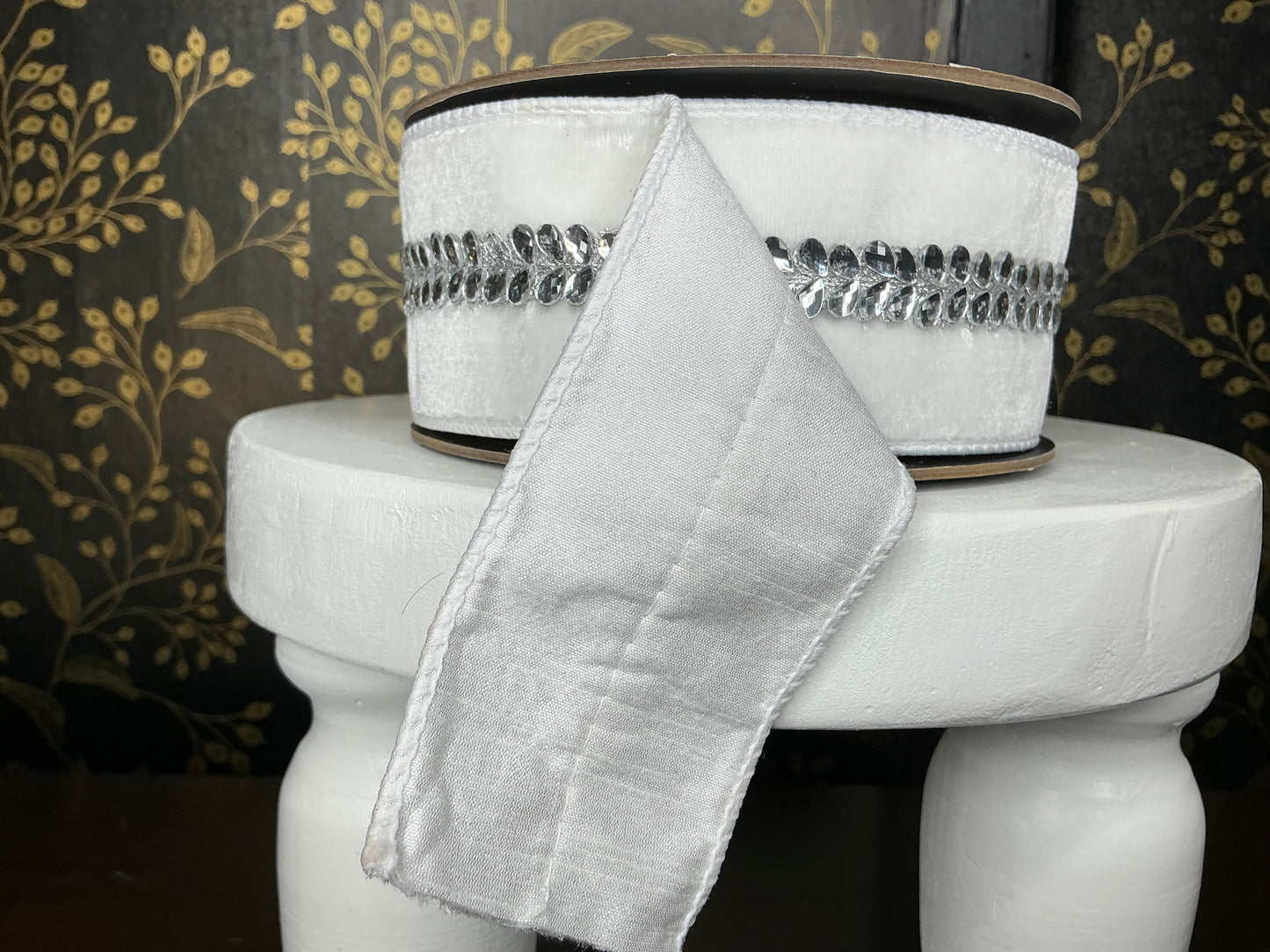 White Velvet Silver Drop Jewel Ribbon - Vickerman