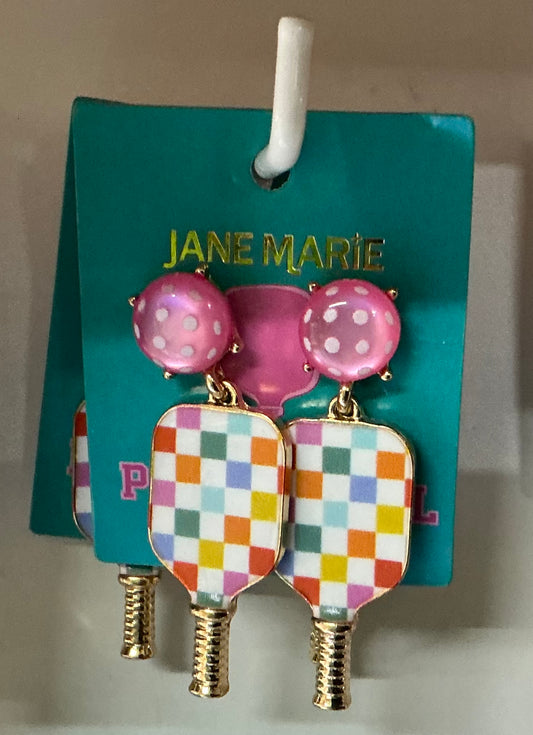 Pickleball earrings w/checkered pattern
