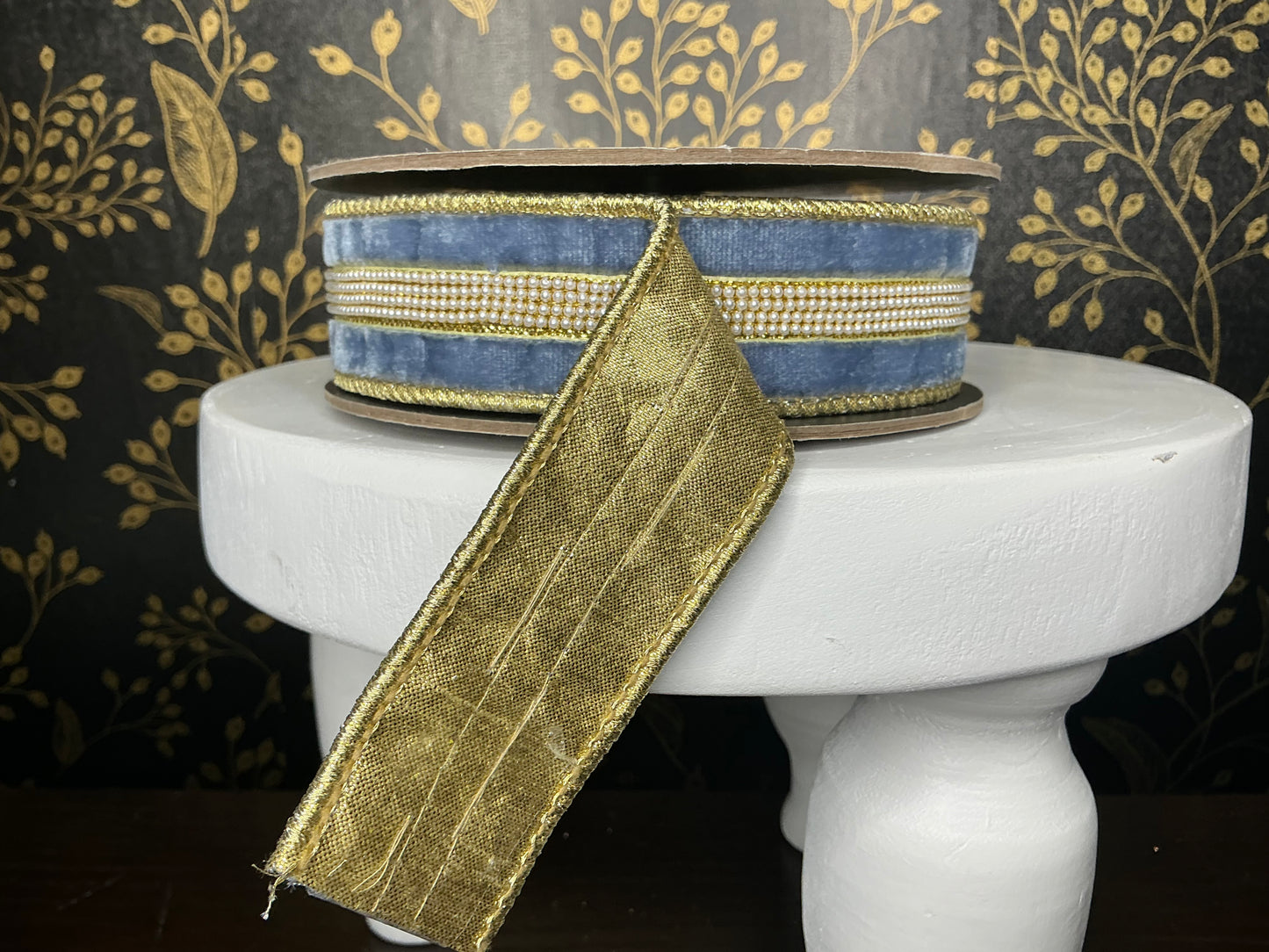 Dusty Blue Velvet Ribbon with Gold and Pearls - d stevens