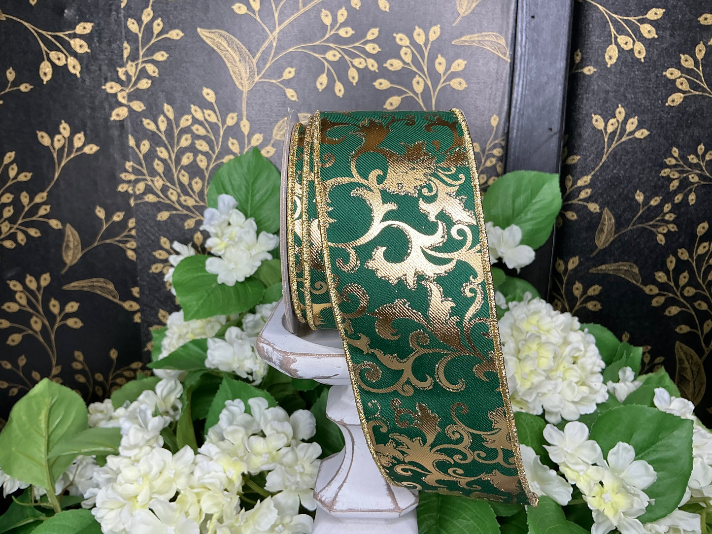 Green and Metallic Gold swirl leaf Ribbon - 2.5”x10YD