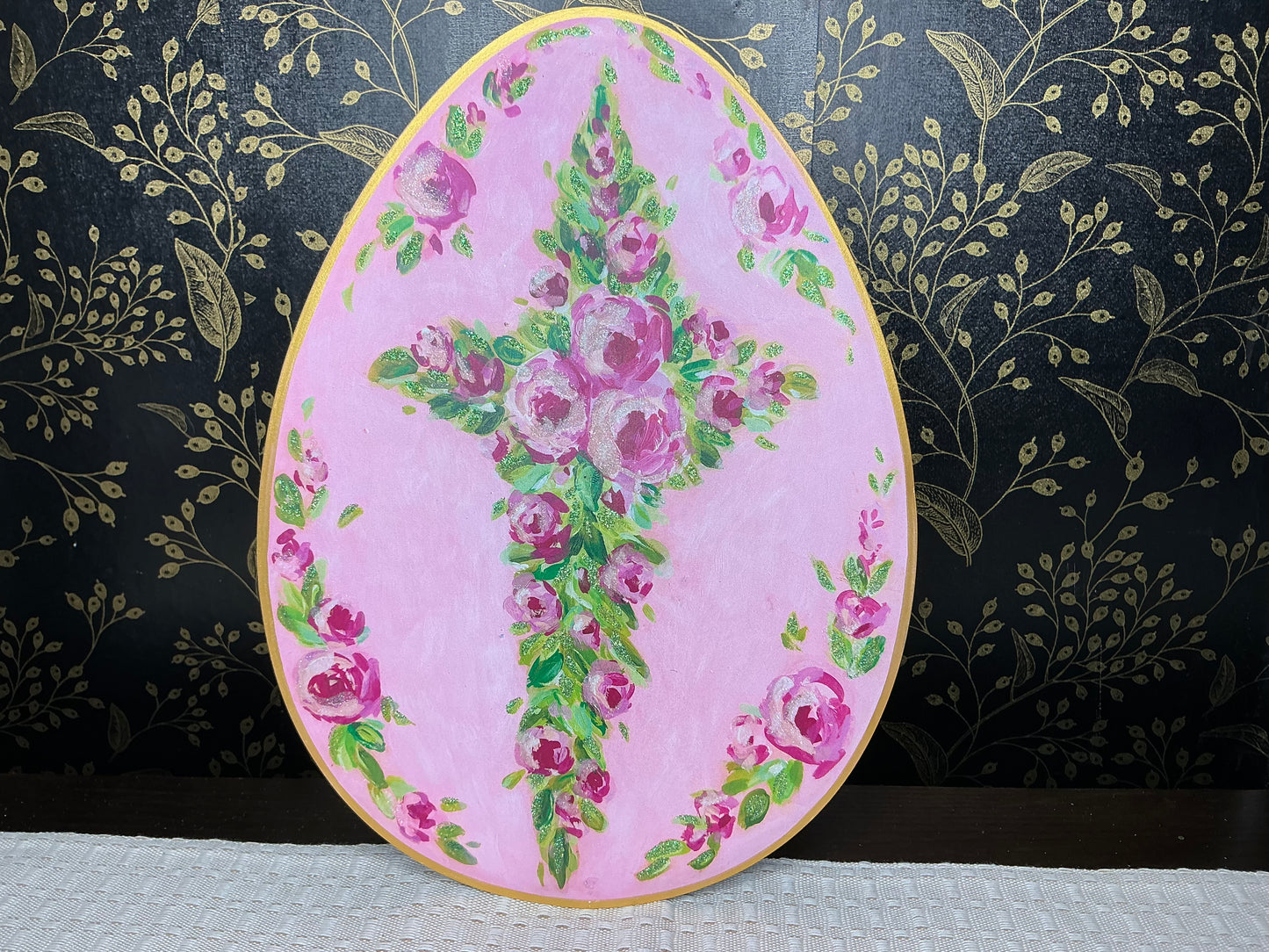 Pink Roses Cross on Egg - Round Top Collection