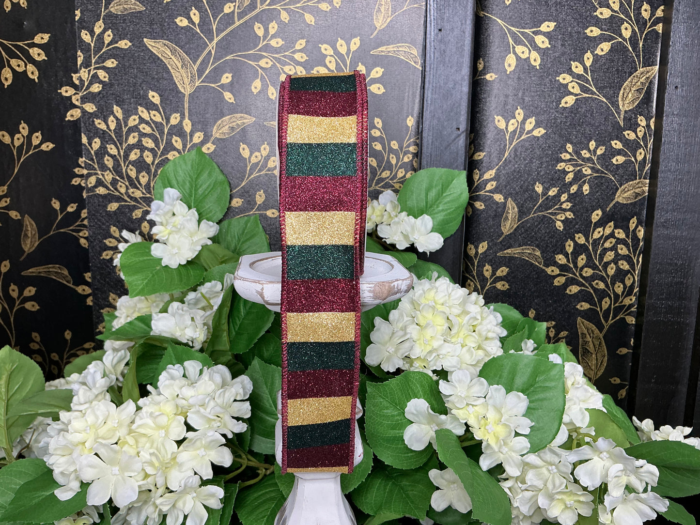Burgundy/Gold/Hunter Green Stripe Ribbon - 1.5”