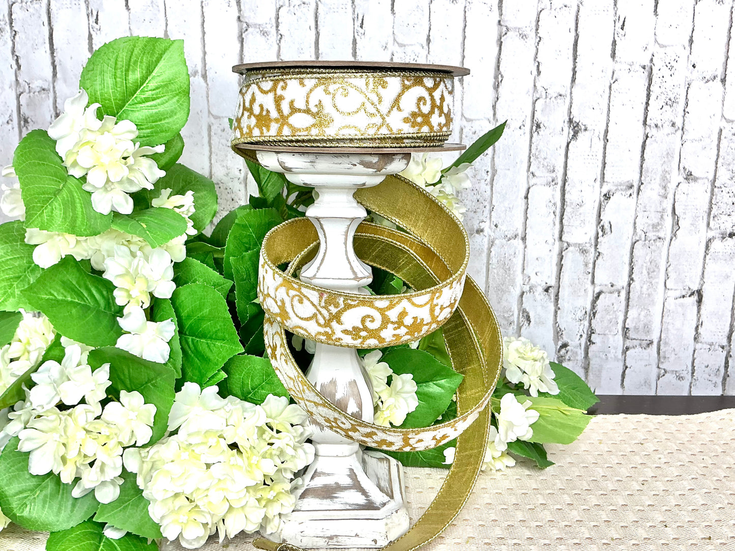 White velvet ribbon with gold design, D Stevens, 05-0795