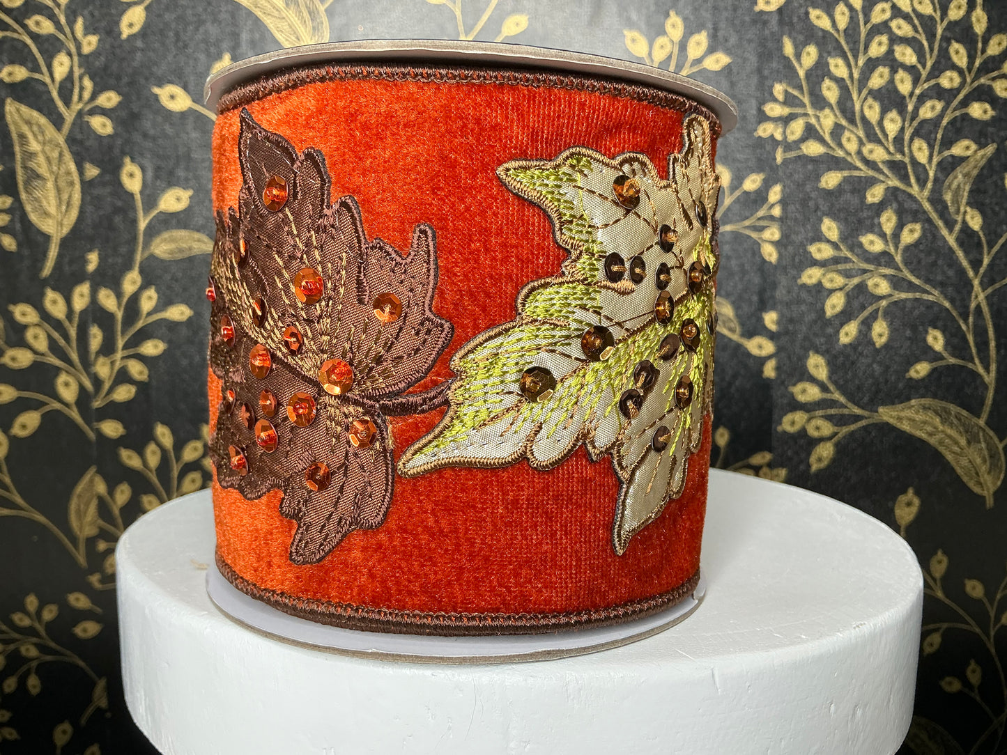 Orange velvet ribbon with fall leaves, 4”x5YD, 20-FL488