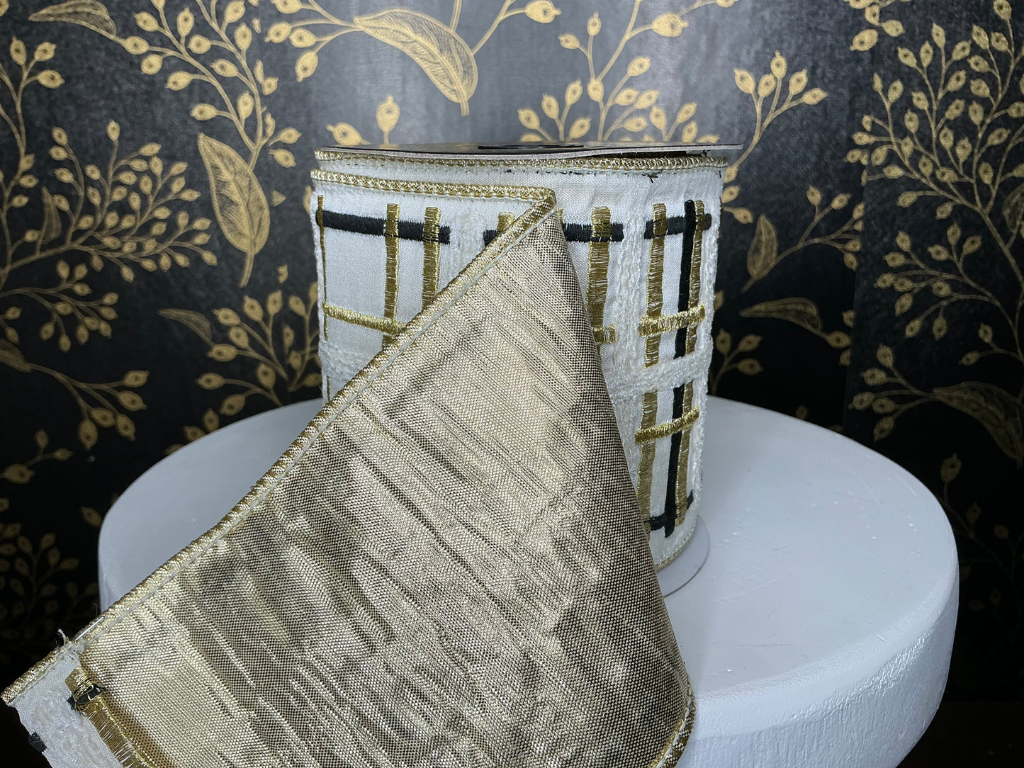 Embroidered Ivory, Gold, Black Plaid, John Mark Ribbon