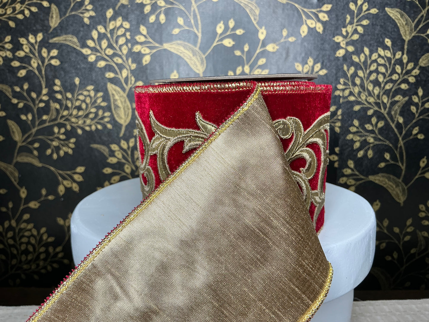 Red velvet with gold trim ribbon, Nancy Brown, 4”x5YD, 25-19783-R