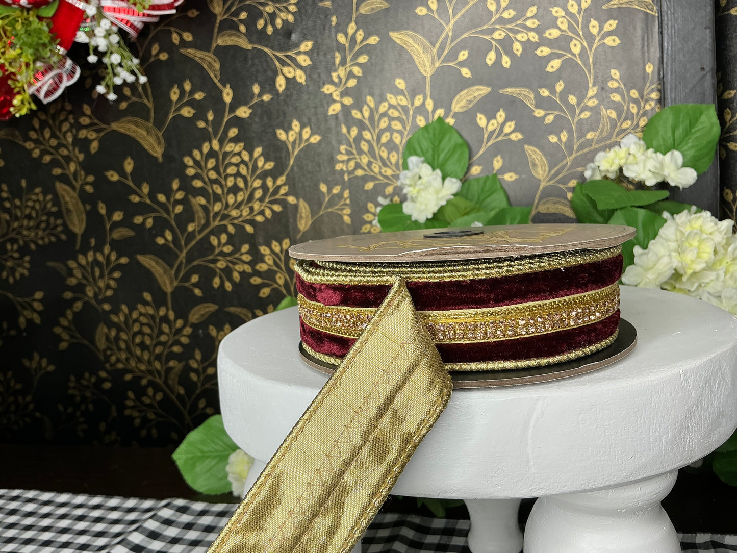 Burgundy Velvet ribbon with gold jewel center trim - d stevens