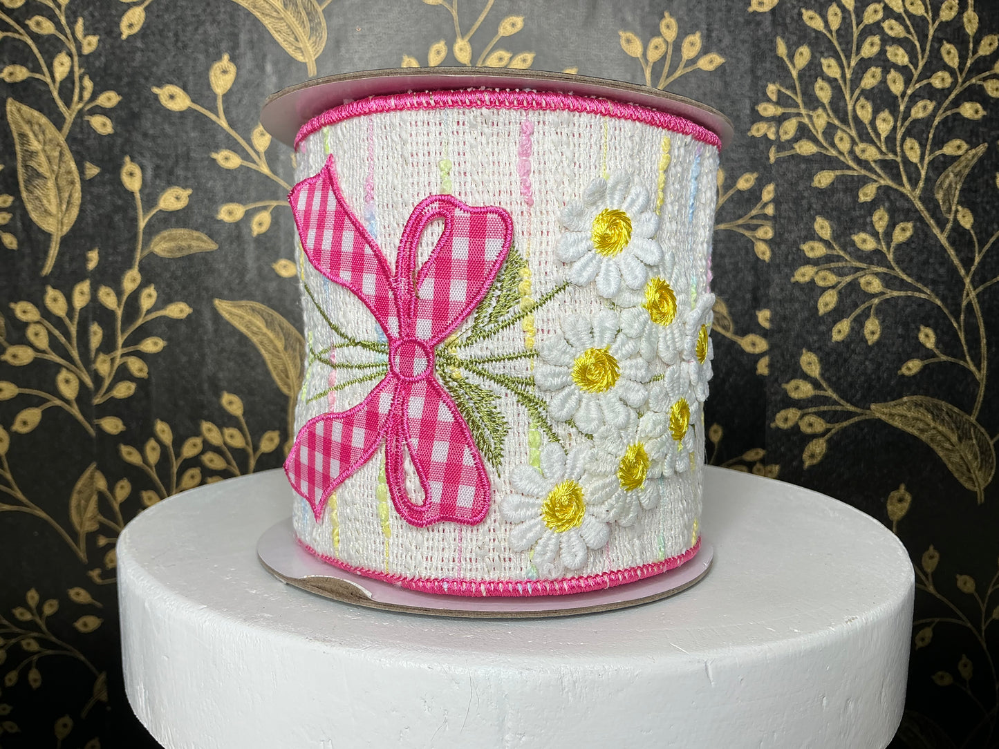 Floral ribbon with pink gingham, Nancy Brown, 4”x5YD, 20-SP2065G
