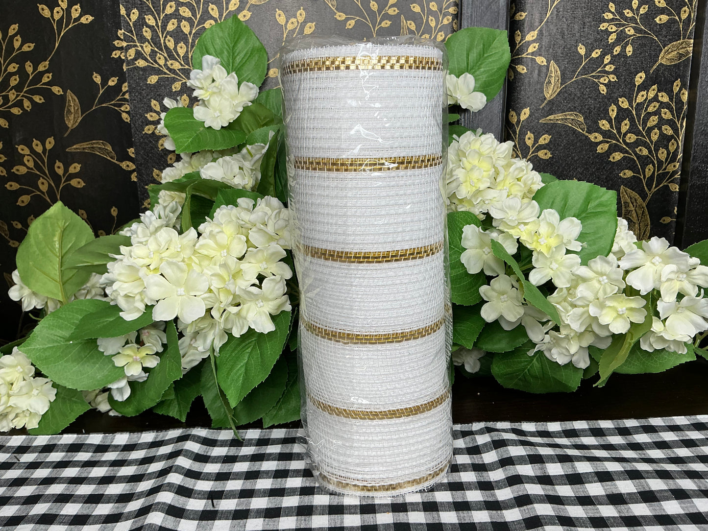 White Mesh with gold stripes