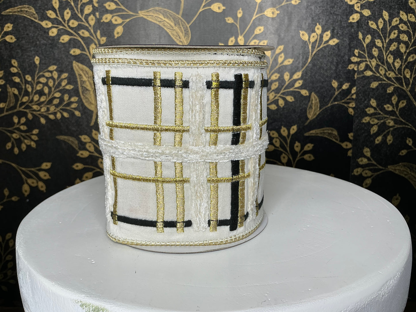 Embroidered Ivory, Gold, Black Plaid, John Mark Ribbon