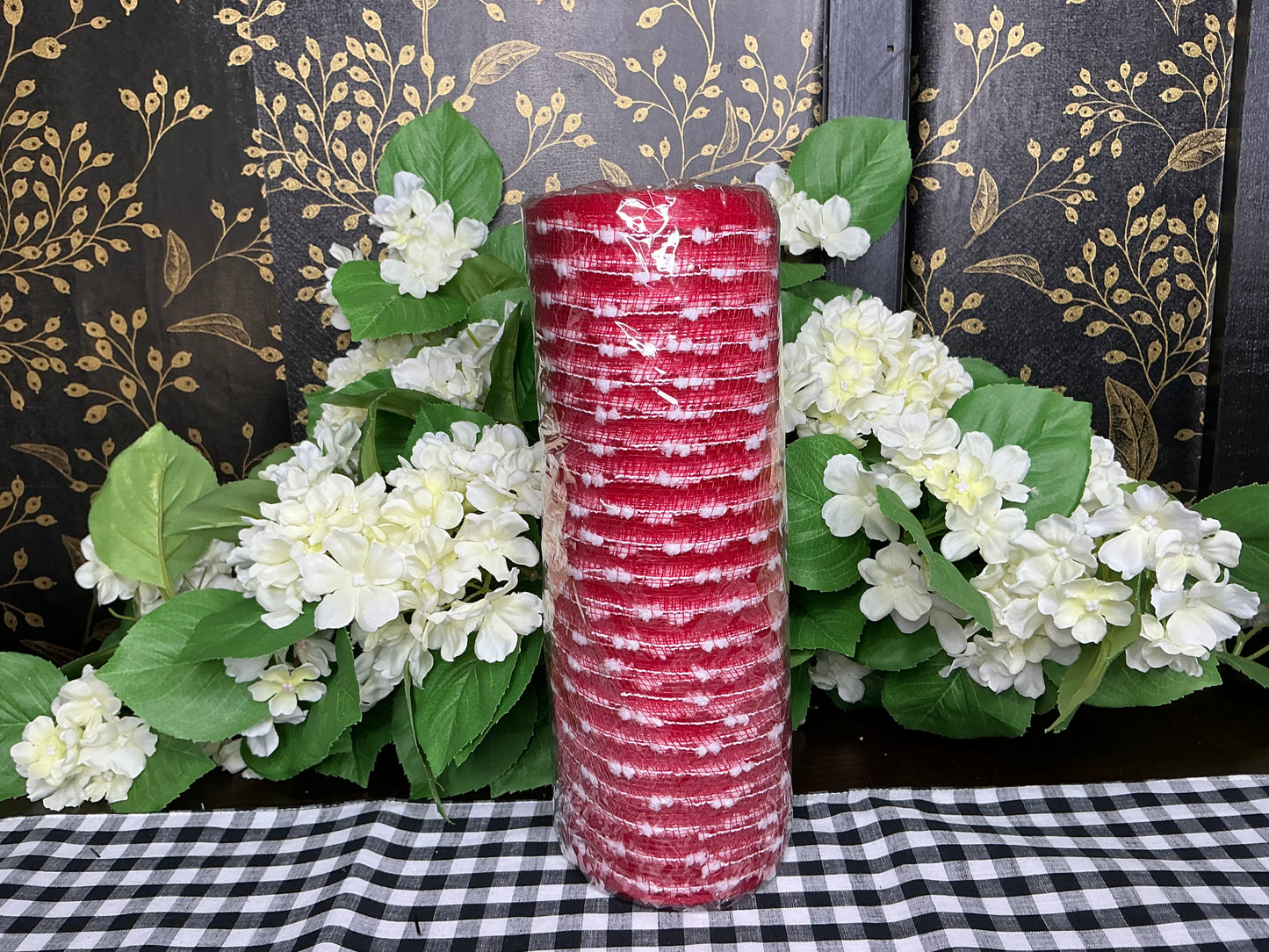 Red Mesh with white snowball stripes